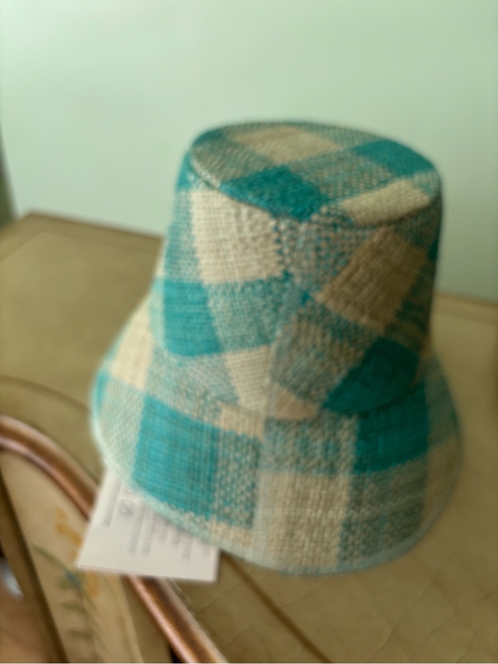 Checkered Turquoise and Cream Straw Bucket Hat